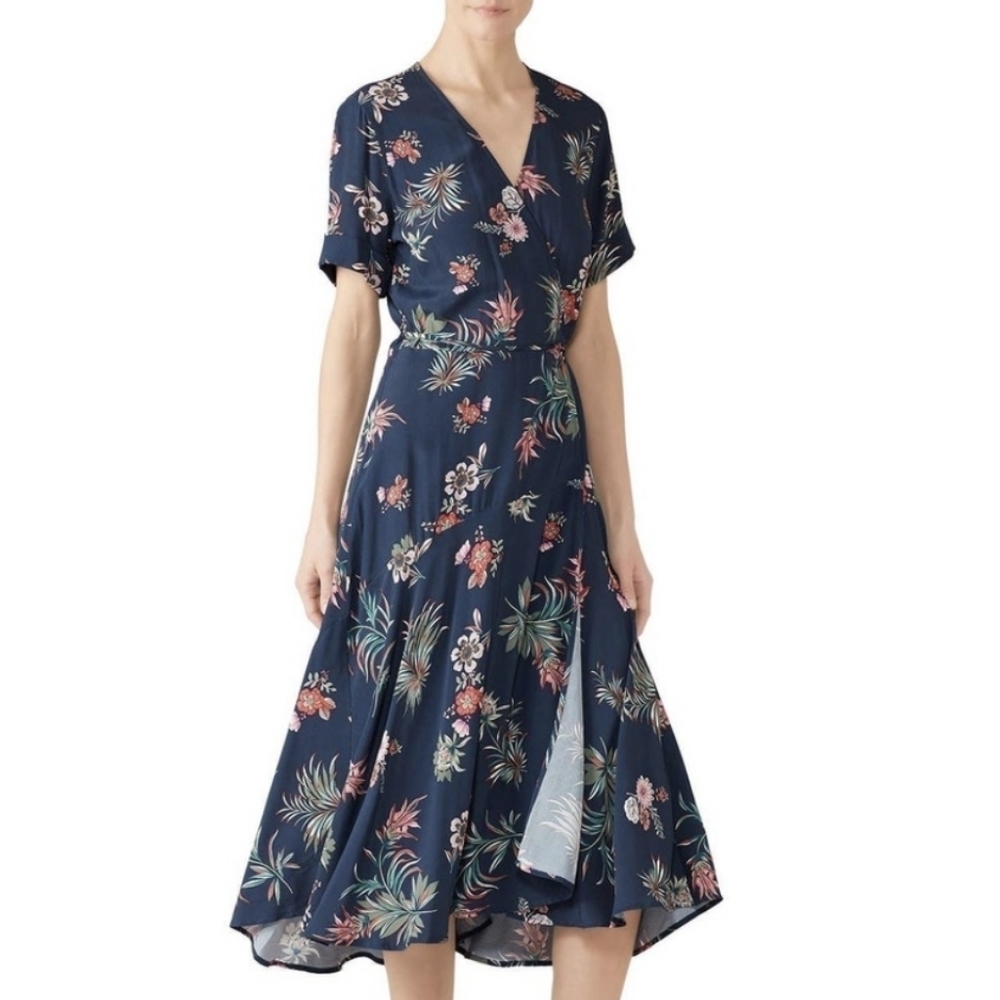 Fifteen Twenty Navy Blue Floral Wrap Midi Dress Size S